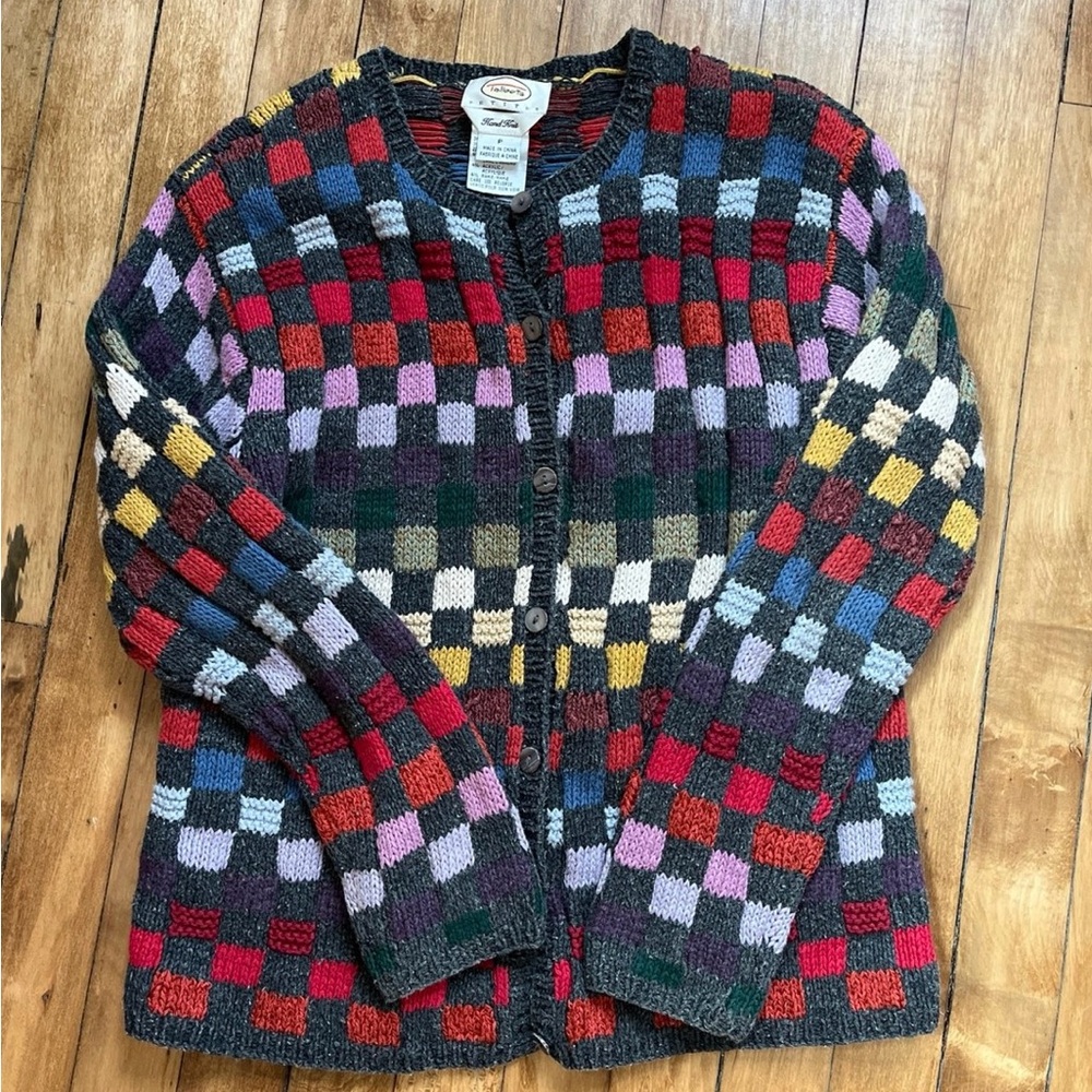 Vintage 90s Talbots Geometric Square Patchwork Rainbow Cardigan Size Small/P